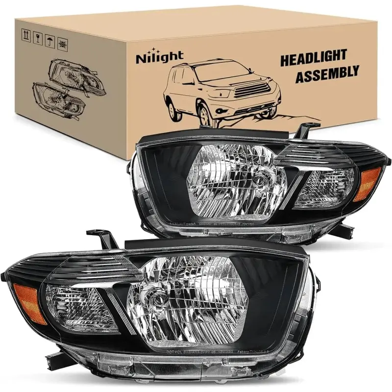 2008 2009 2010 Toyota Highlander Headlight Assembly Black Housing Amber Reflector