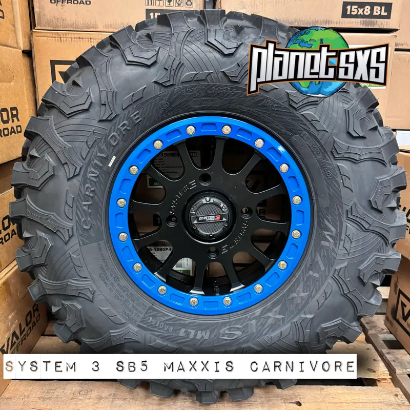 System 3 SB5 PlanetSXS BLUE Beadlock Wheel and Maxxis Carnivore Tire Kit