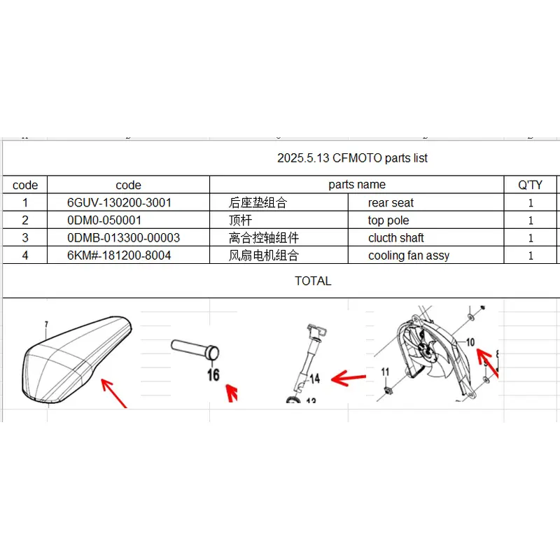 rear seat/top pole/clucth shaft/cooling fan assy suit CF675NK and other model