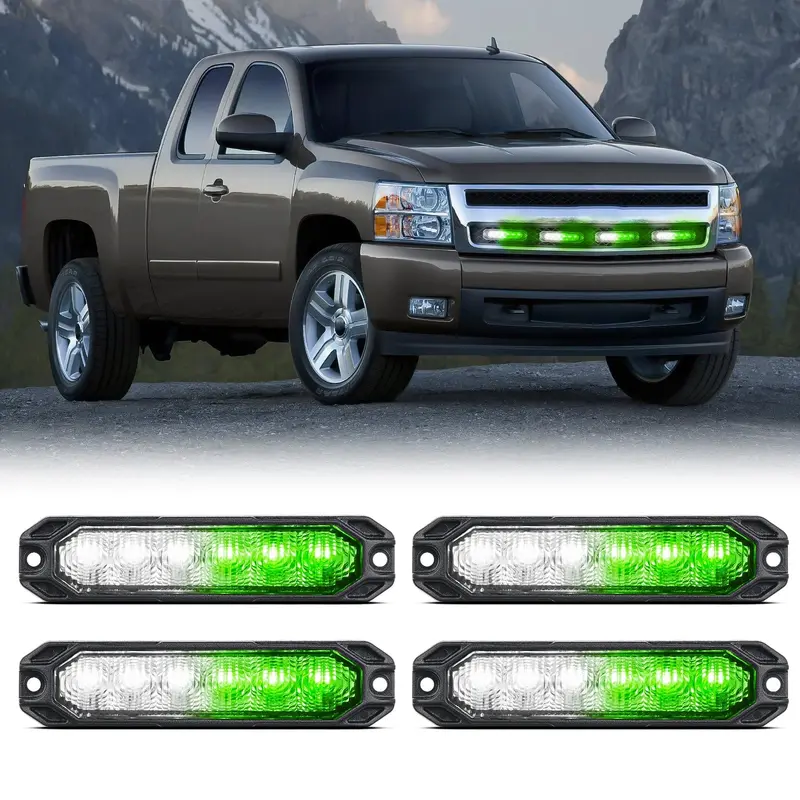 6LED Green White Surface Mount Flashing Emergency Strobe lights 4 PCS