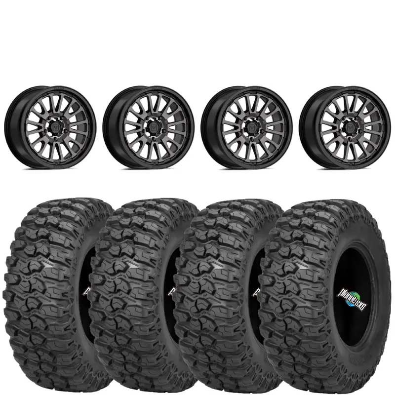 Valor Offroad V14 4/156 Dark Tint wheels mounted on Sedona Trail Saw 2.0