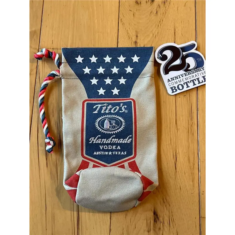 Tito's Vodka 25th Anniversary Embroidered Canvas Drawstring Bottle Bag NWT