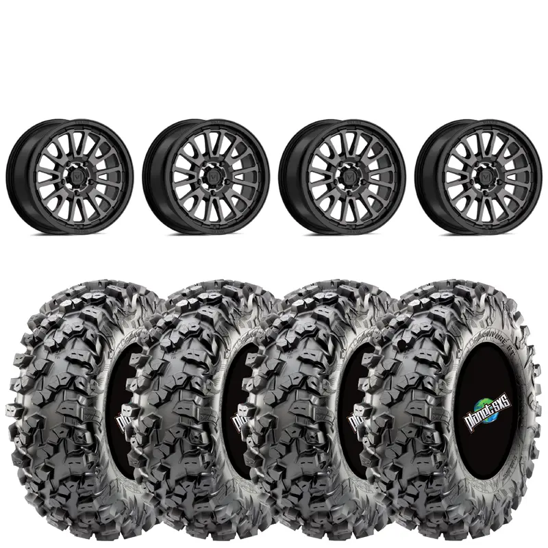 Valor V14 Dark-Tint 15x7 5+2 5X4-5 on Maxxis Carnivore RT 30x10-15 8-ply