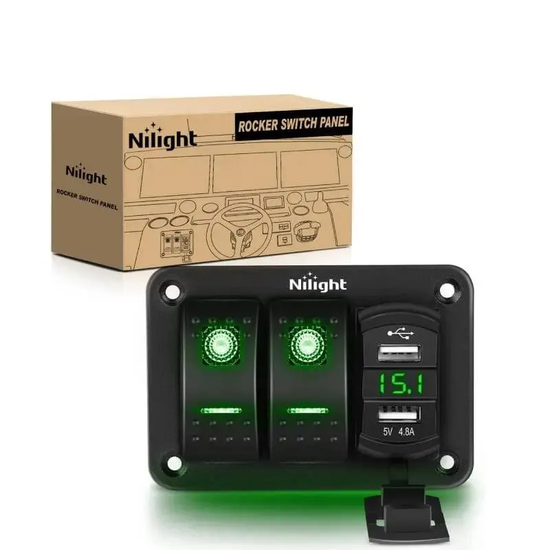 2Gang Green Rocker Switch Panel w/ 4.8 Amp Dual USB Charger Voltmeter