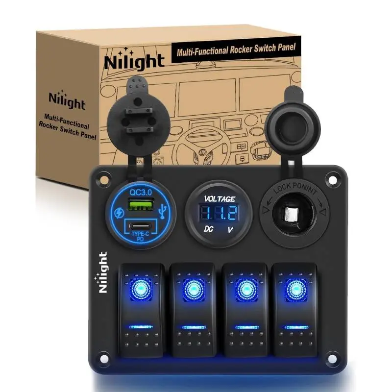 4Gang ON/Off Blue Rocker Switch Panel w/ PD Type C & USB Charger Power Socket Fuse